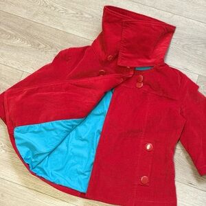 Tulle Original Funnel Neck Red Corduroy Pea Coat with Blue Lining